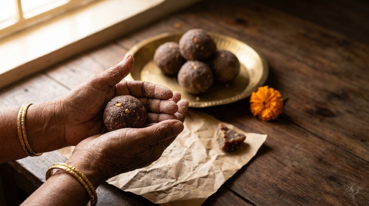 Weathered hands rolling a ragi laddu beside a brass plate of finished laddus