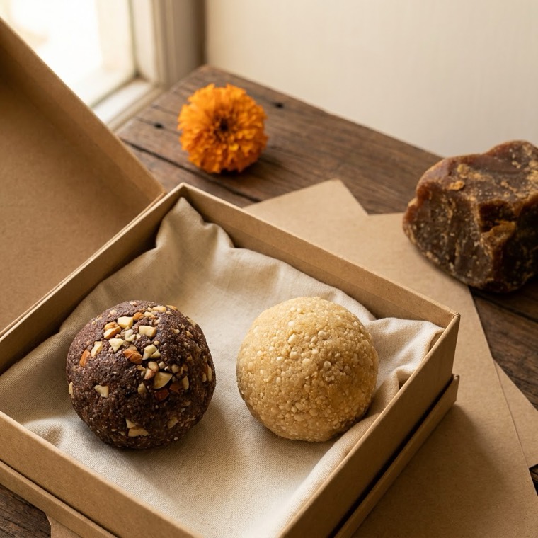 A ragi laddu and a sunnundalu together in a kraft gift box