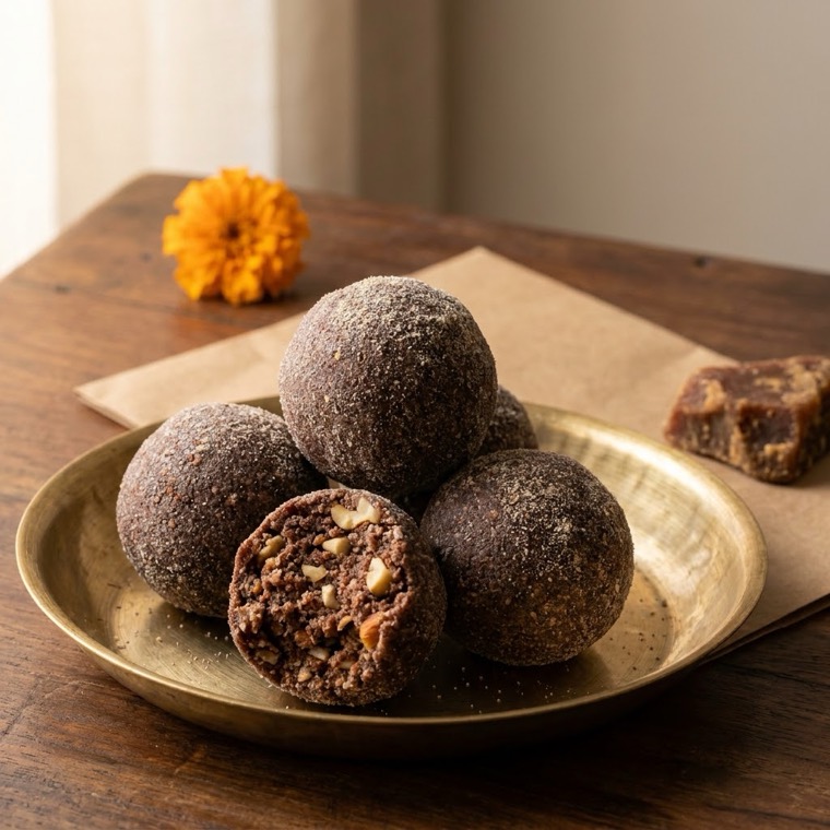 Ragi laddus on a brass plate, one broken open showing cashew and almond