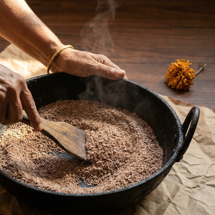 Ragi flour roasting in an iron kadai, stirred by hand