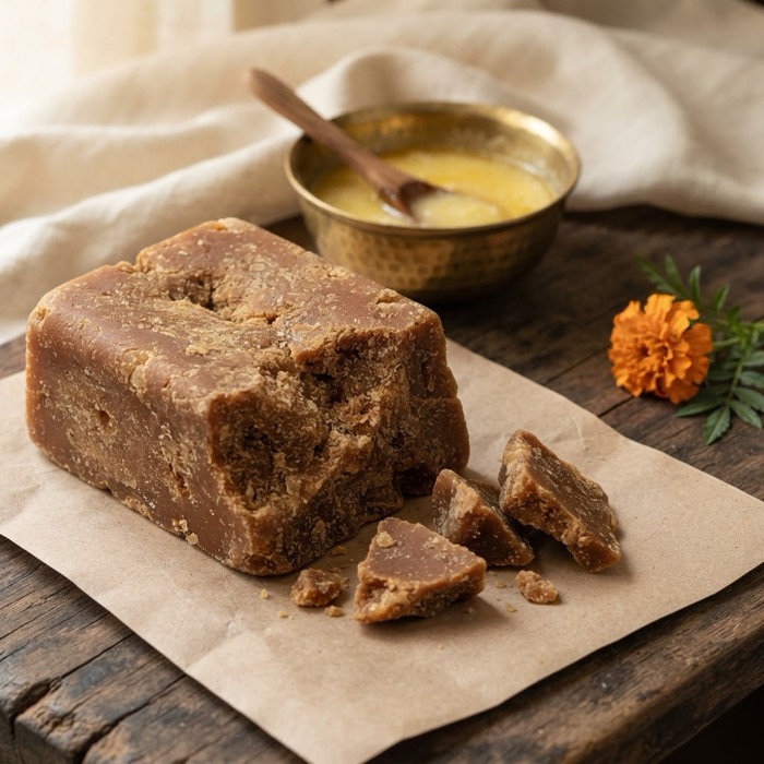 A broken block of dark jaggery beside a brass bowl of ghee