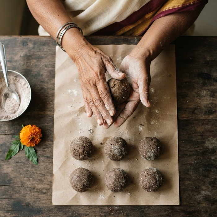 Hands rolling a laddu above rows of finished laddus on kraft paper